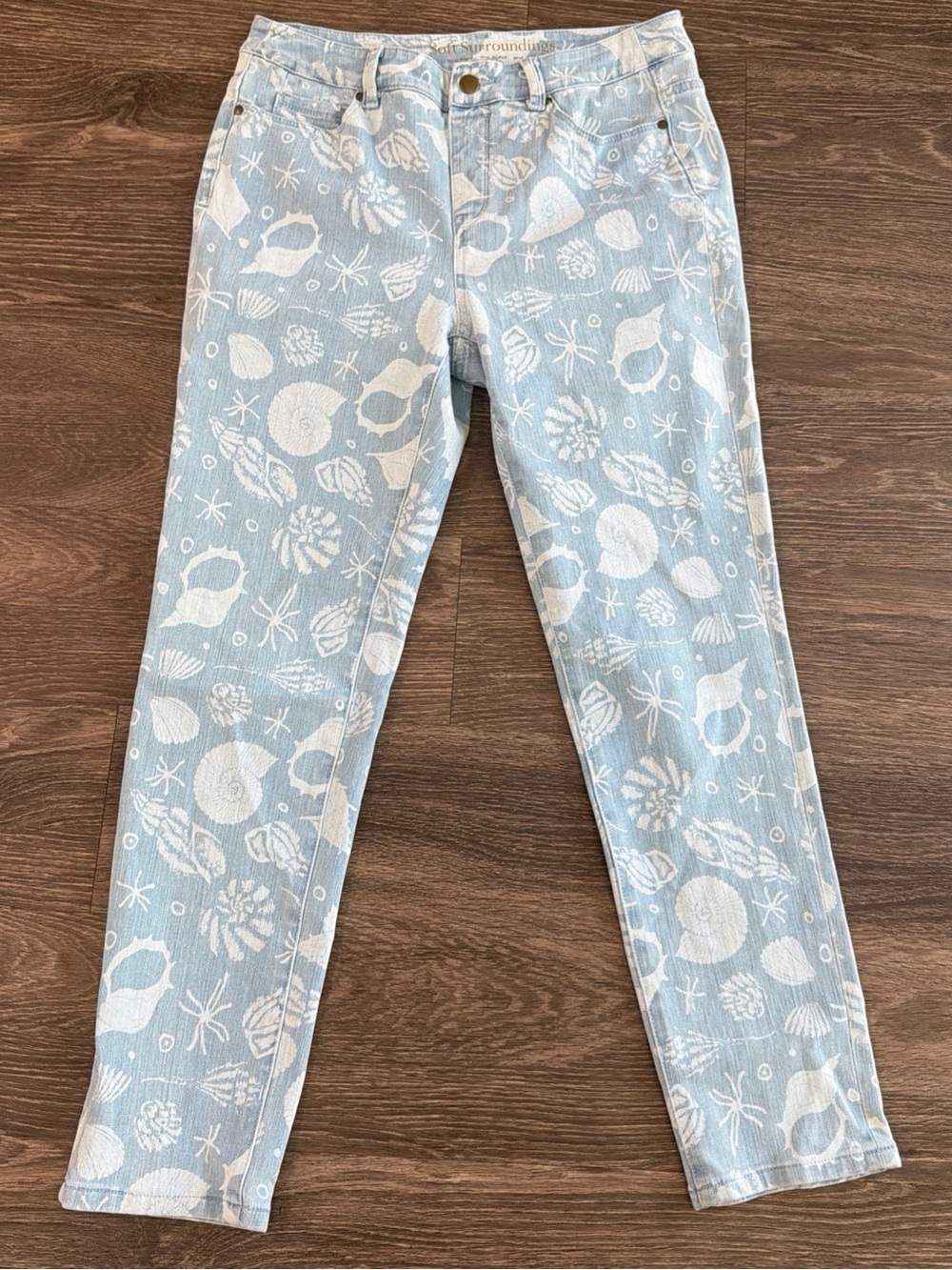 Soft Surroundings Light Blue & White Shell-Print Skinny Jeans